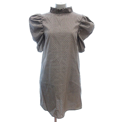 ザラ Zara シャツワンピース ミニ ハイネック シャーリング チェック ドット パフスリーブ 五分袖 Xs ベージュ Au レディース 195 ベクトルパーク