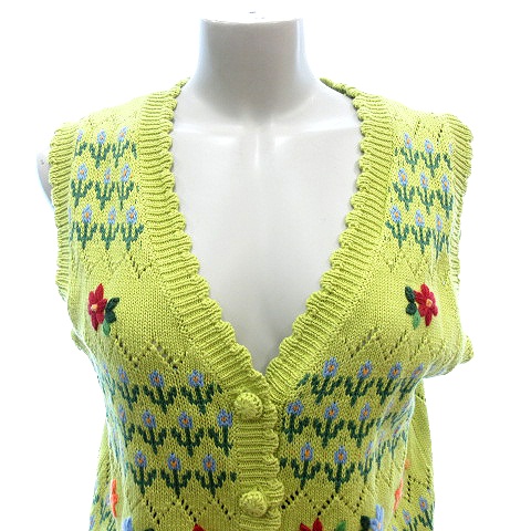 ザラ Zara ニット ベスト 前開き 花柄 M 黄緑 ライトグリーン Au レディース 195 ベクトルパーク