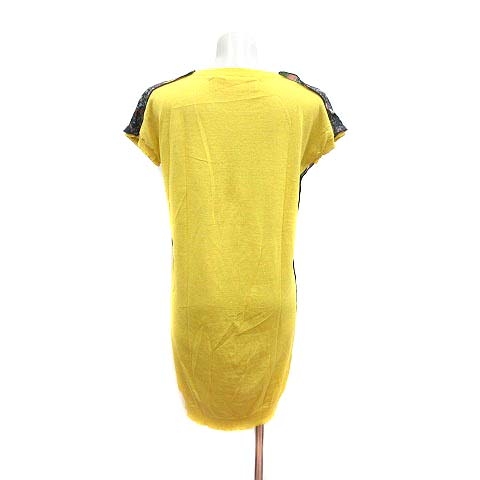 キャシャレル cacharel ワンピース ひざ丈 ニット 切替 総柄 半袖 2 黒  