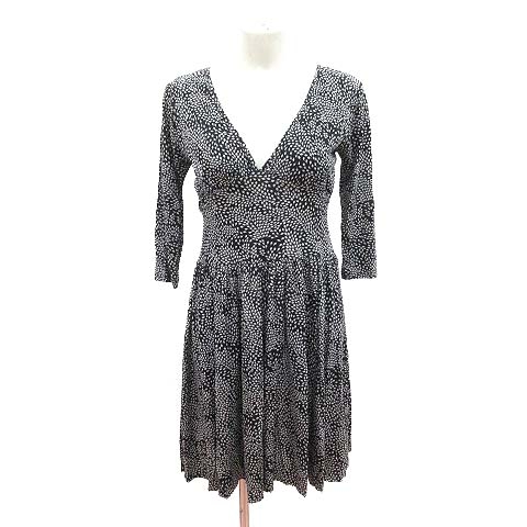 サベナ Sabena ワンピース ひざ丈 七分袖 総柄 Vネック カットソー 黒  