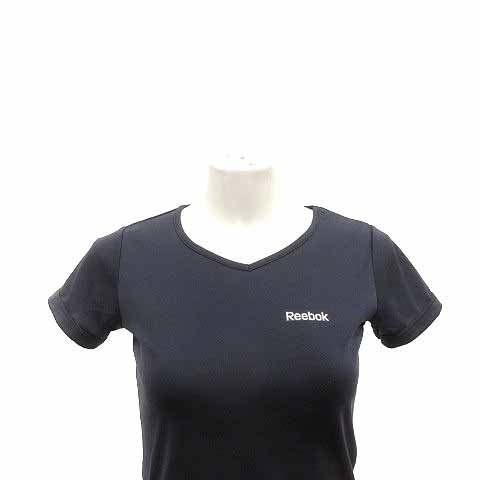 Reebok Tシャツ カットソー Vネック 切替 総柄 半袖 S 黒 ブラック 半袖 Tシャツ 冷感 速乾 UV加工 ストレッチスムース シューズプリント