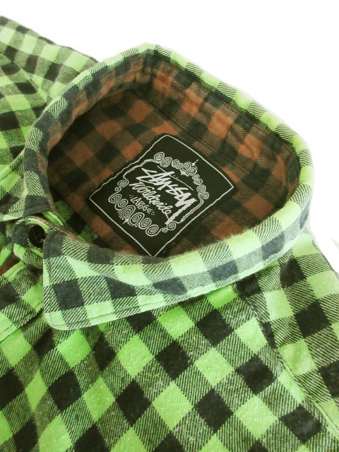 ステューシー STUSSY シャツ 半袖 チェック L 緑 グリーン 黄緑 黒