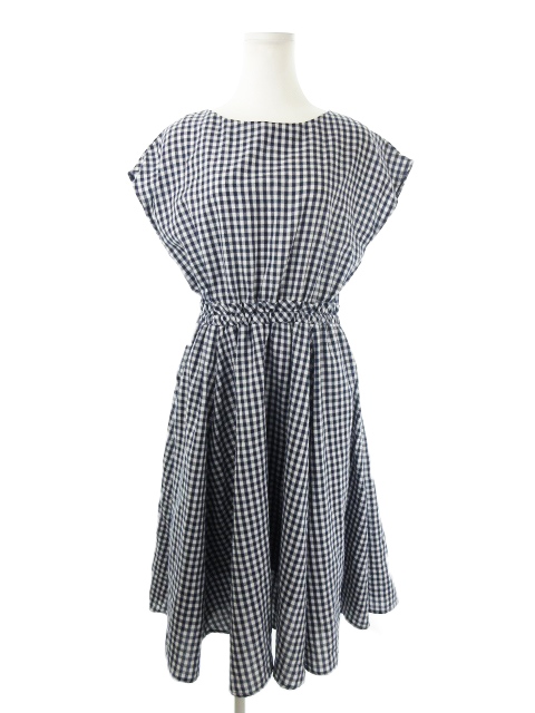 イマージュ Image ワンピース フレンチスリーブ ひざ丈 ウエストマーク チェック 13 紺 ネイビー Ck22 レディース 198 ベクトルパーク