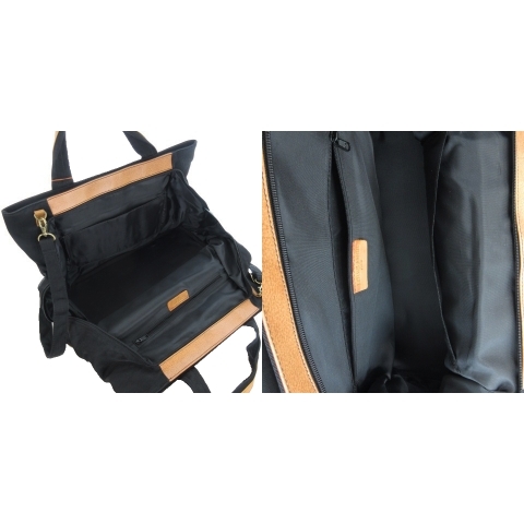ブラックXベージュ レザー ポケット付き トートバッグ