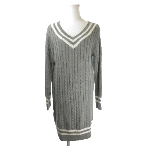 未使用品 ローリーズファーム Lowrys Farm ワンピース ニット ミニ 長袖 ケーブル ライン L グレー 白 ホワイト Ek1 レディース 198 ベクトルパーク