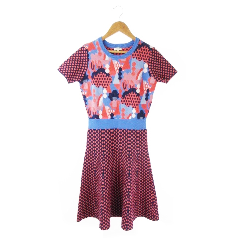 マヌーシュ MANOUSH ワンピース ニット ミニ 半袖 ウエストマーク 総柄  