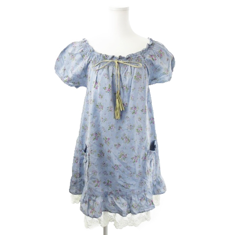 クレドソル Clef De Sol ワンピース ミニ 半袖 リボン 花柄 レース M 水色 ライトブルー Mn9 レディース 198 ベクトルパーク
