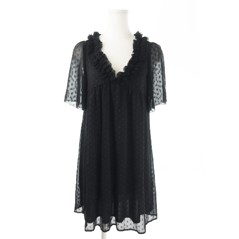 ロペピクニック Rope Picnic ワンピース ミニ Vネック 半袖 ドット フリル 透け感 36 黒 ブラック Ao7 レディース 198 ベクトルパーク