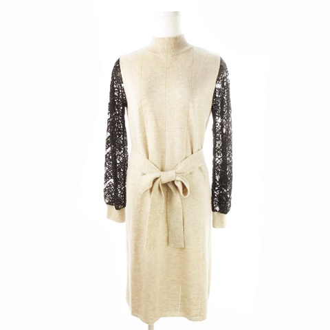 デュラスアンビエント Duras Ambient ワンピース ニット ひざ丈 モックネック 長袖 レース ウール リボン F ベージュ Ck7 レディース 198 ベクトルパーク