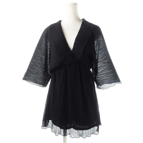 未使用品 ザラ Zara ワンピース ミニ 深vネック 襟付き 五分袖 プリーツ シアー インナーパンツ Xs 黒 ブラック Ck3 198 ベクトルパーク