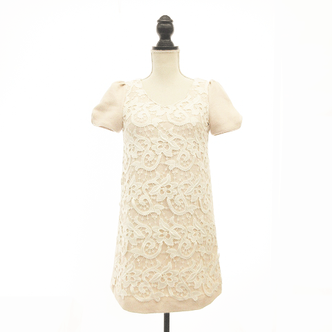 未使用品 マーキュリーデュオ Mercuryduo ワンピース ミニ 半袖 Vネック レース ウール混 F ベビーピンク Ik レディース 0 ベクトルパーク