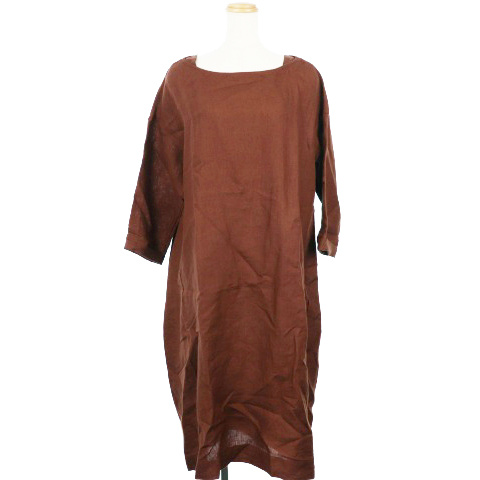未使用品 コンジェペイエ アデュートリステス Conges Payes Adieu Tristesse 18aw ワンピース ロング マキシ ラウンドネック 七分袖 サイドタック リネン 麻 2 茶 ブラウン M2o レディース 1 ベクトルパーク