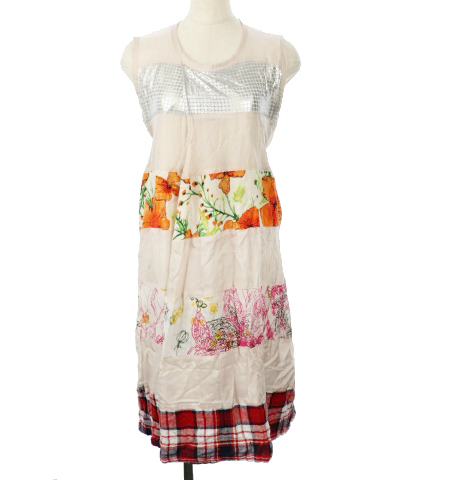 ゴム Gomme ワンピース ひざ丈 Uネック ノースリーブ 麻混 リネン混 チェック プリント 総柄 M ピンクベージュ Tm レディース 1 ベクトルパーク