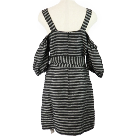 カメオコレクティブ Cameo Collective ワンピース ミニ 半袖 オフショルダー ジップアップ ボーダー ベルト リネン 麻 S 黒 ブラック 白 ホワイト M2o レディース 1 ベクトルパーク