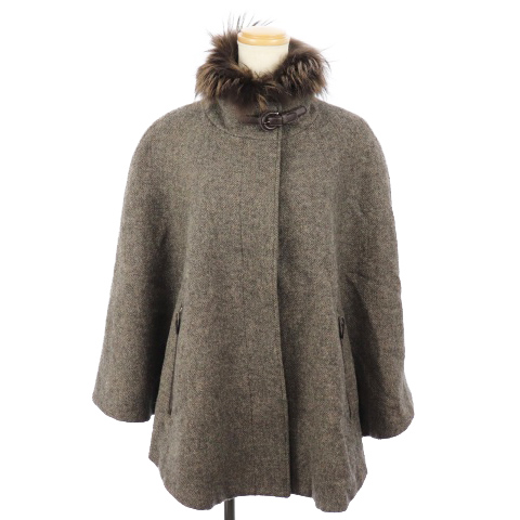 ブラウン ウールポンチョ スタンドカラー フェイクウールスタンド