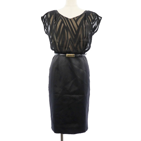 ピンキー ダイアン ピンダイ Pinky Dianne ワンピース ひざ丈 タイト Vネック 切替 オバール プリント ベルト 半袖 38 黒 ブラック As レディース 1 ベクトルパーク