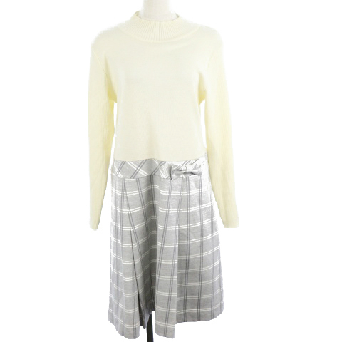 ギャラリービスコンティ Gallery Visconti ワンピース ひざ丈 ハイネック 長袖 ウール混 切替 ワンポイント リボン ウィンドウペンチェック 3 白 ホワイト アイボリー グレー Tm レディース 1 ベクトルパーク