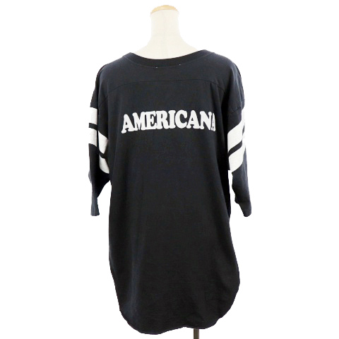 アメリカーナ Americana Tシャツ カットソー フットボール 八分袖 ライン ロゴ プリント オーバーサイズ コットン F 黒 ブラック Mo レディース 1 ベクトルパーク