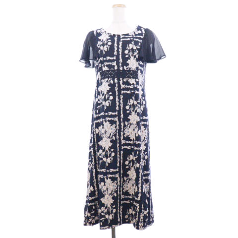 ローラアシュレイ Laura Ashley ワンピース フレア ミモレ ロング クルーネック 花柄 切替 シフォン フレアスリーブ 半袖 9 紺 ネイビー Ri レディース 1 ベクトルパーク