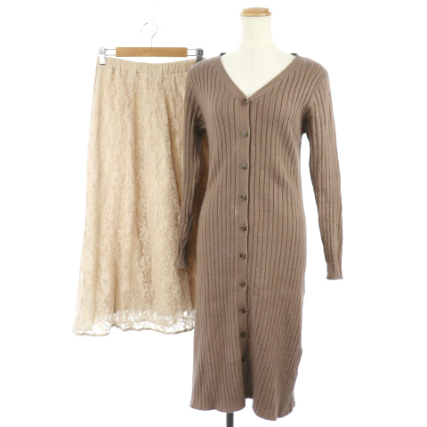 ビーラディエンス Be Radiance ワンピース ニット ひざ丈 Vネック 長袖 フロントボタン スカート フレア ロング ミモレ ウエストゴム 総レース 2way レイヤード F 茶色 ブラウン ベージュ Tm レディース 1 ベクトルパーク