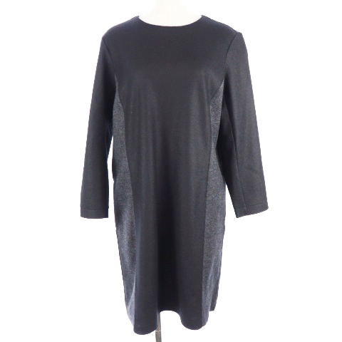 23区 オンワード樫山 Vingt Trois ワンピース Aライン ひざ丈 長袖 Uネック 切替 ジップアップ ウール 40 黒 ブラック Mo レディース 1 ベクトルパーク