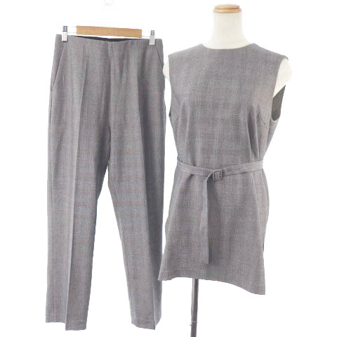 未使用品 ミラオーウェン Mila Owen 19aw セットアップ 上下 チュニック カットソー クルーネック ノースリーブ パンツ テーパード ジップフライ チェック 0 グレー Tm レディース 1 ベクトルパーク
