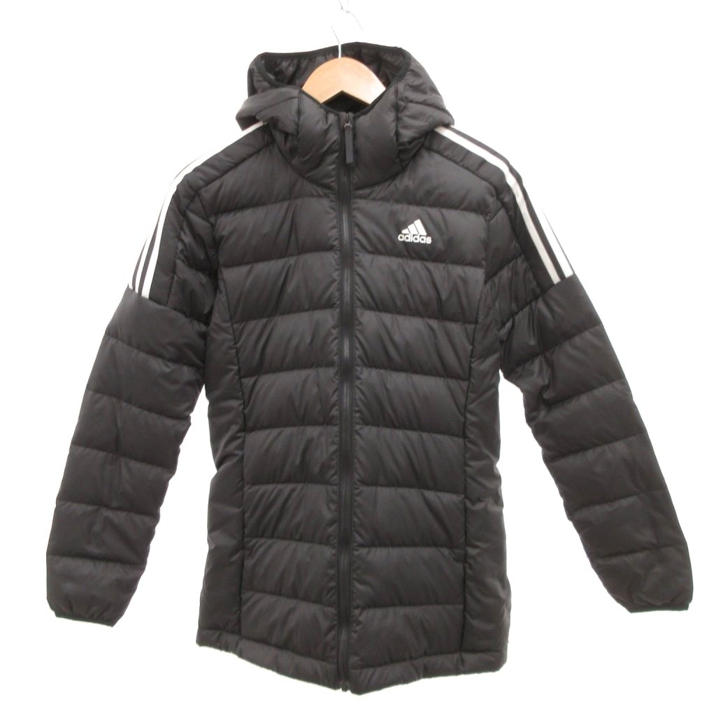 アディダス adidas ダウンジャケット ミドル丈 スリーライン ロゴ S 黒 