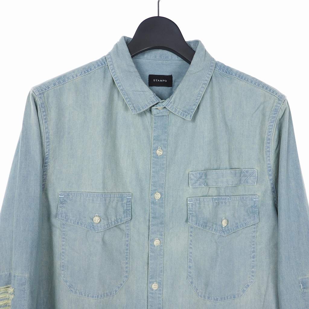 未使用品 スタンプド Stampd ダメージ加工 シャンブレー デニム ロングシャツ 長袖 M ライトインディゴ メンズ 2 ベクトルパーク