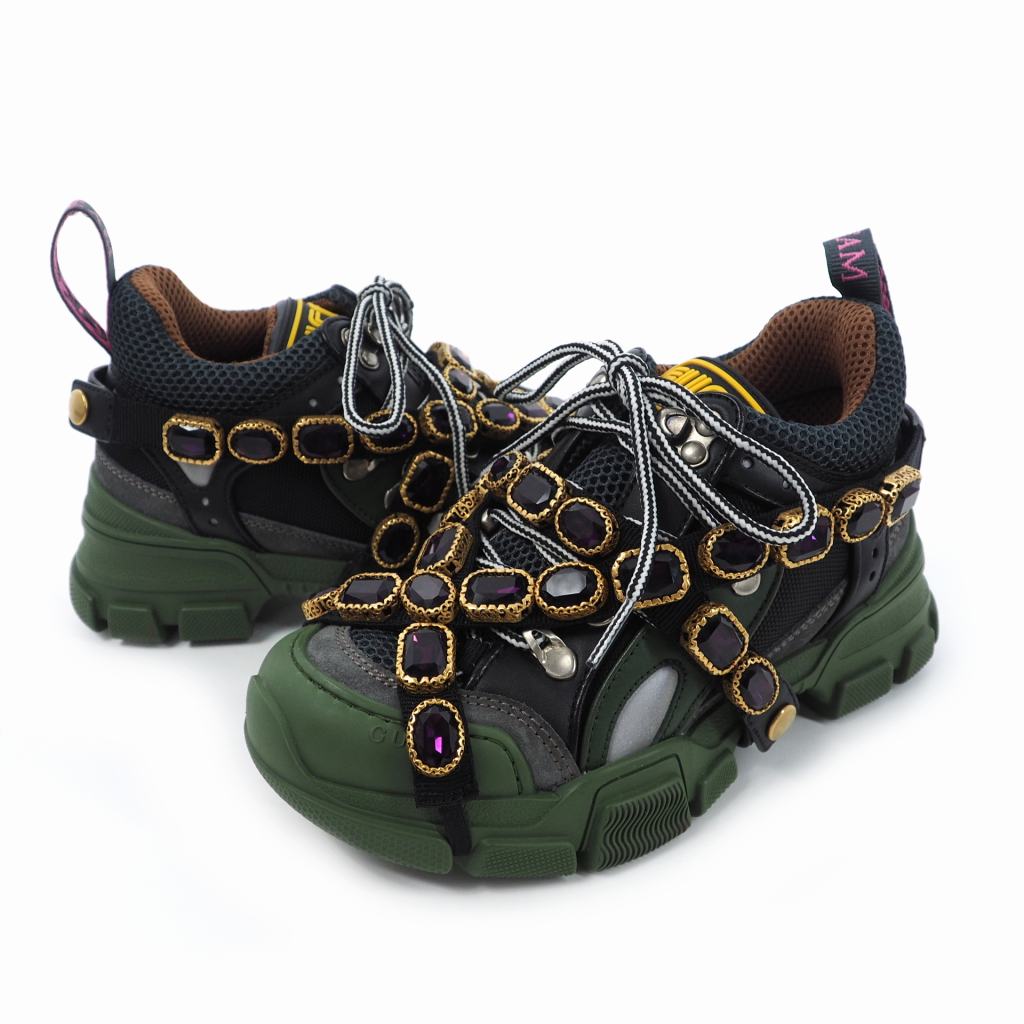 未使用品 グッチ GUCCI フラッシュトレック ビジュー ローカット シューズ スニーカー 34 21cm カーキ レディース は自分にプチご褒美を グッチ スニーカー フラッシュトレック 未使用 GUCCI スニーカー
