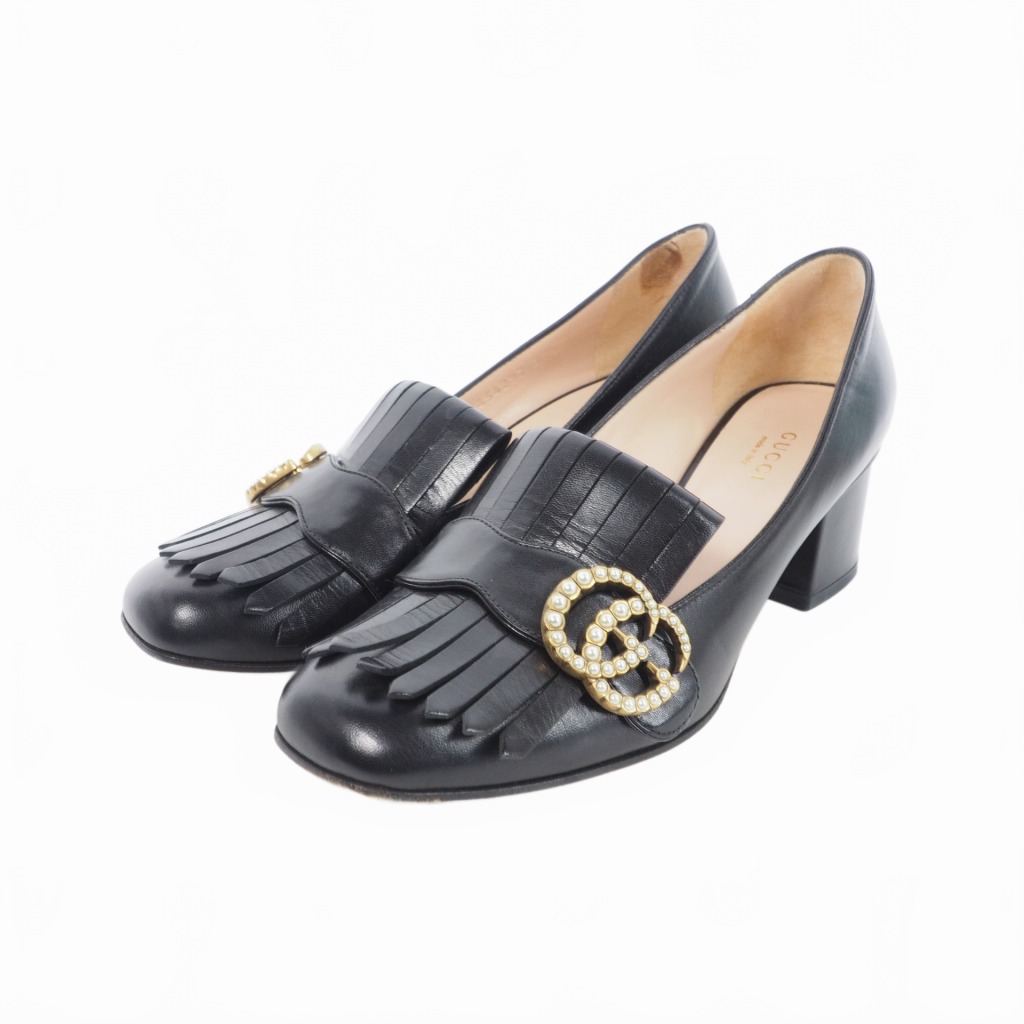 グッチ GUCCI パールマーモント パンプス ロー ヒール レザー GG金具  