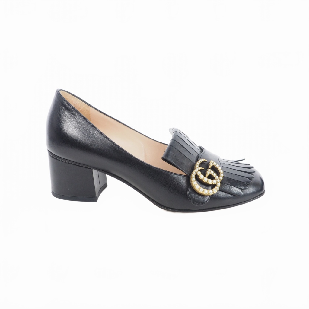グッチ GUCCI パールマーモント パンプス ロー ヒール レザー GG金具 