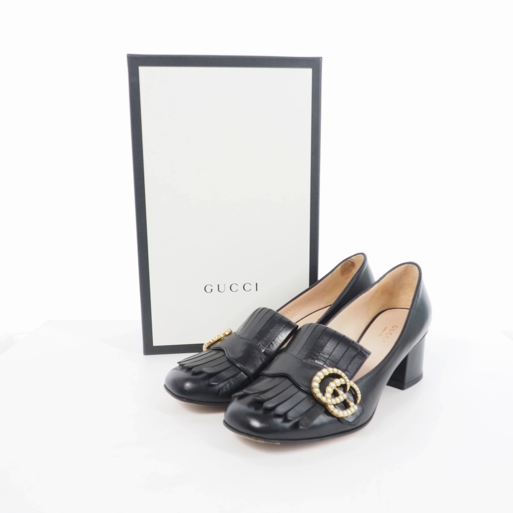 グッチ GUCCI パールマーモント パンプス ロー ヒール レザー GG