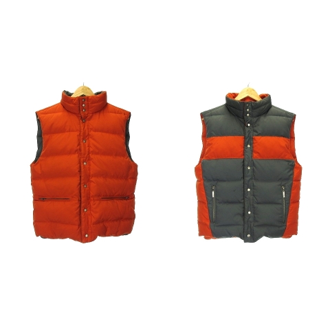 ジューシークチュール JUICY COUTURE ジャケット ダウンベスト リバーシブル 厚手 バイカラー プリント M カーキ オレンジ アウター レディース 寒さいつまで? Corrosion プリント入り ヴィンテージカラー 厚手ジャケット 古着 レザージャケット