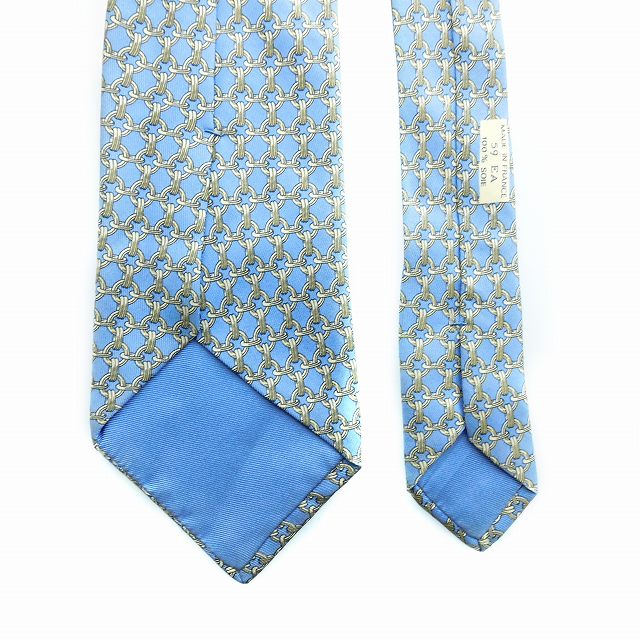 エルメス HERMES ネクタイ レギュラータイ シルク チェーン 総柄 水色 