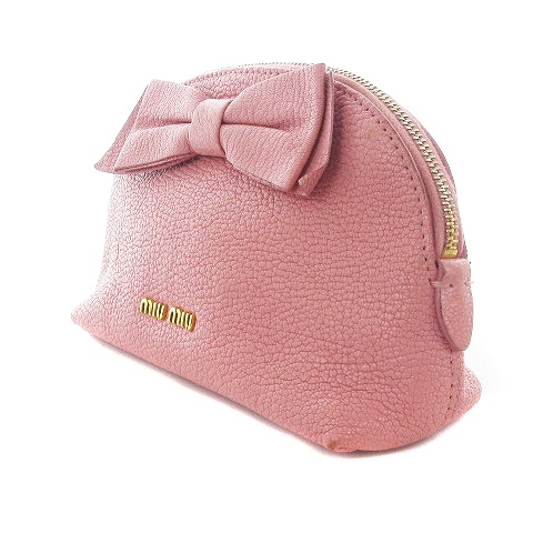 ミュウミュウ miumiu リボンポーチ メイクポーチ ラウンド レザー ロゴ 