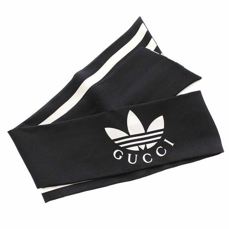 グッチ GUCCI 22SS adidas ストライプ シルク ネックボウ スカーフ 黒  
