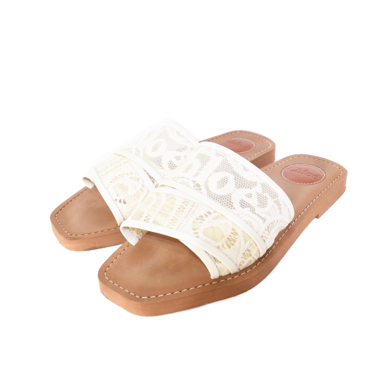 クロエ CHLOE woody ウッディ サンダル フラット ミュール レース ロゴ 