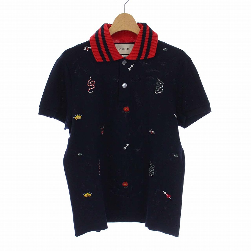 グッチ GUCCI 18SS エンブロイダリー ポロシャツ 半袖 ニット襟 総柄 