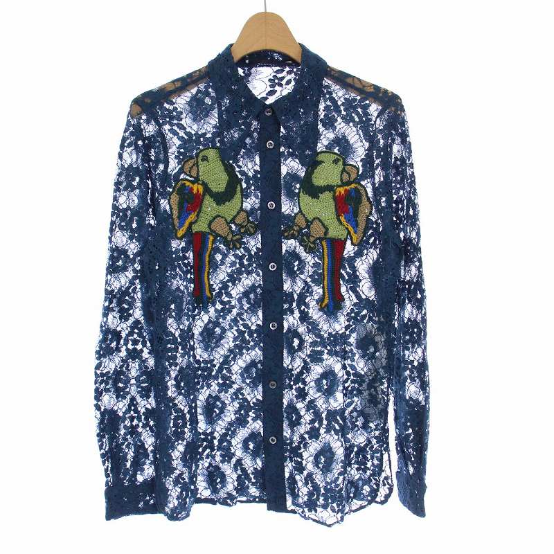 グッチ GUCCI 16SS 総レース シャツ 長袖 オウム 44 XS ターコイズ 青 