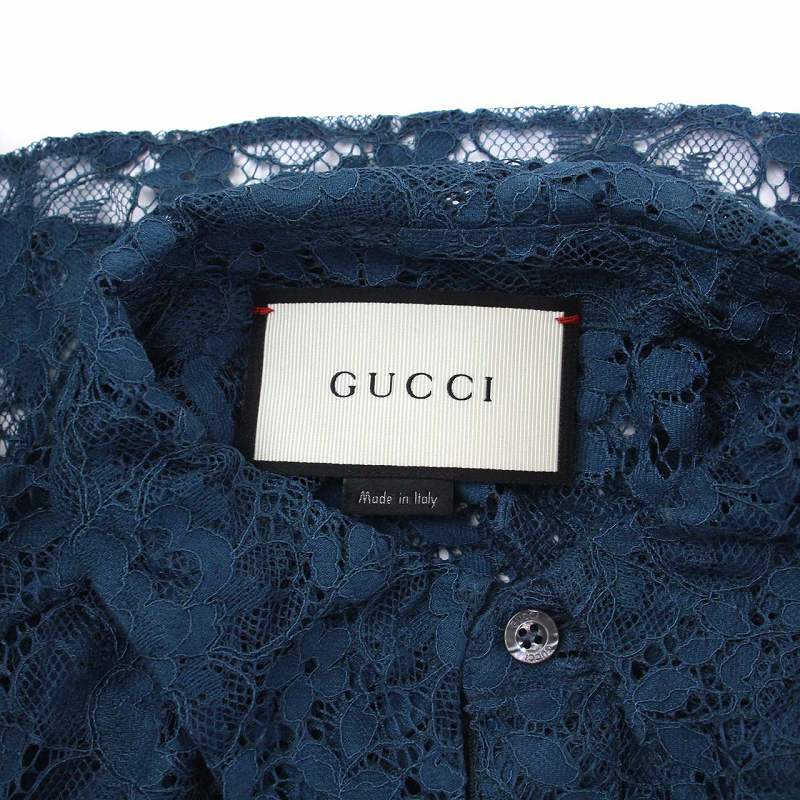 グッチ GUCCI 16SS 総レース シャツ 長袖 オウム 44 XS ターコイズ 青 