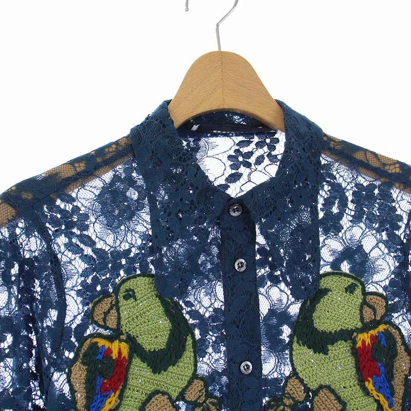 グッチ GUCCI 16SS 総レース シャツ 長袖 オウム 44 XS ターコイズ 青 