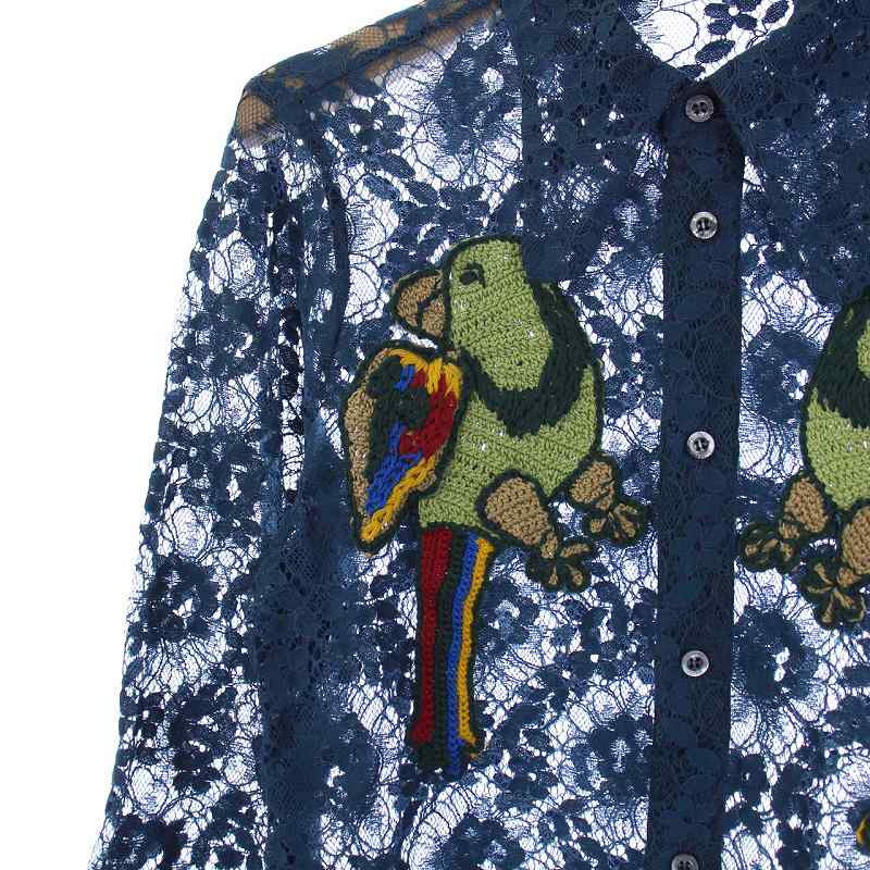 グッチ GUCCI 16SS 総レース シャツ 長袖 オウム 44 XS ターコイズ 青 