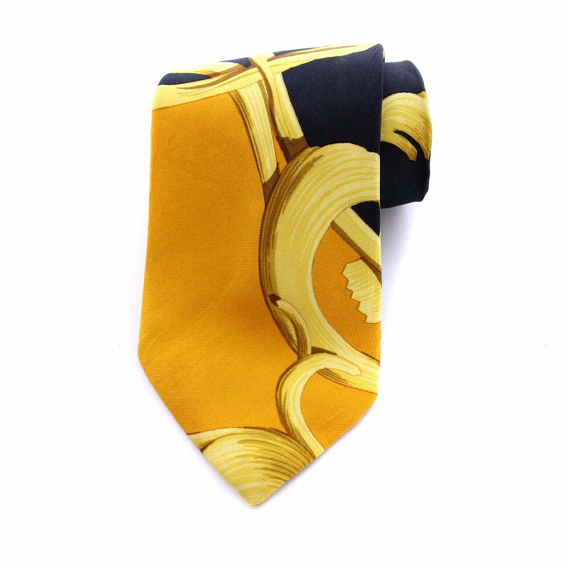 エルメス HERMES ネクタイ 総柄 シルク 黄色 黒 ブラック イエロー /KH 