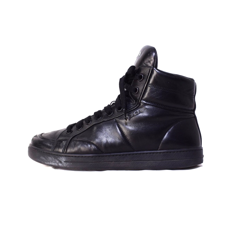 プラダ PRADA ハイカット レザー スニーカー レースアップ 8 黒