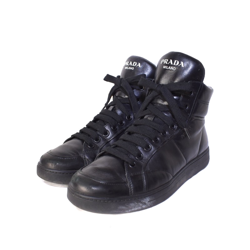 プラダ PRADA ハイカット レザー スニーカー レースアップ 8 黒 