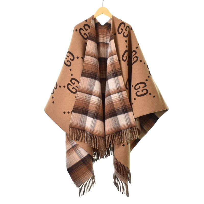 グッチ GUCCI 18AW GGウール リバーシブル ポンチョ チェック柄 ロゴ 
