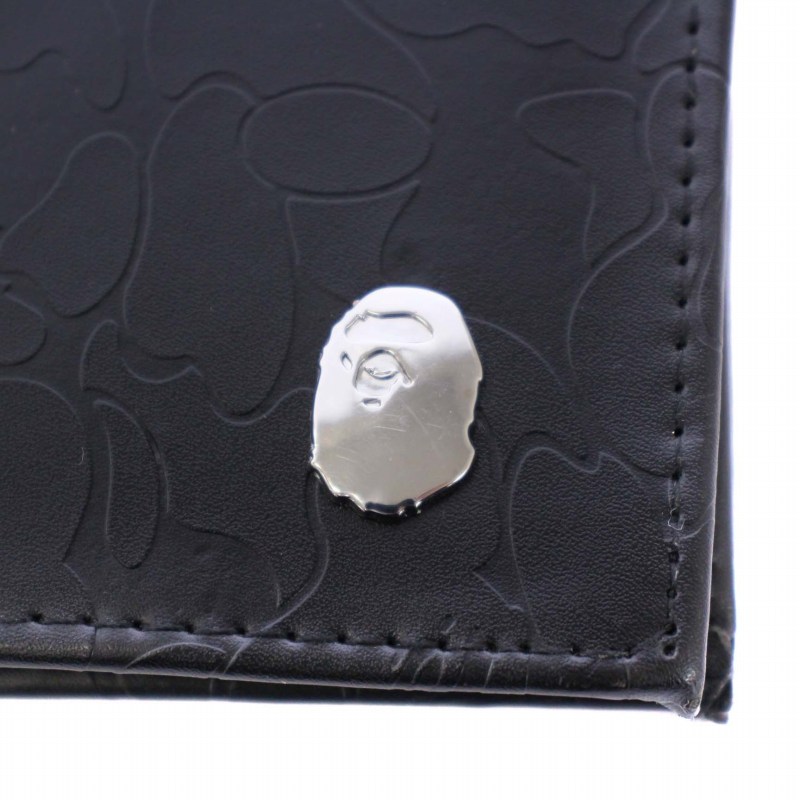 APE 黒のレザー長財布 アベイシングエイプ A BATHING APE 長財布 二つ折り ロゴ レザー