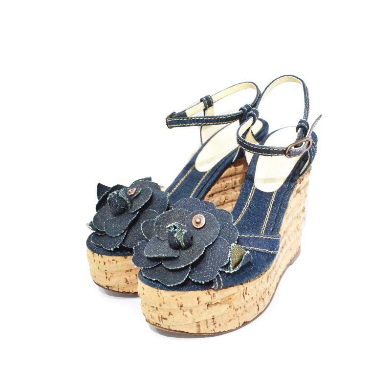 シャネル CHANEL デニム サンダル ウェッジヒール 花 ストラップ 34.5 