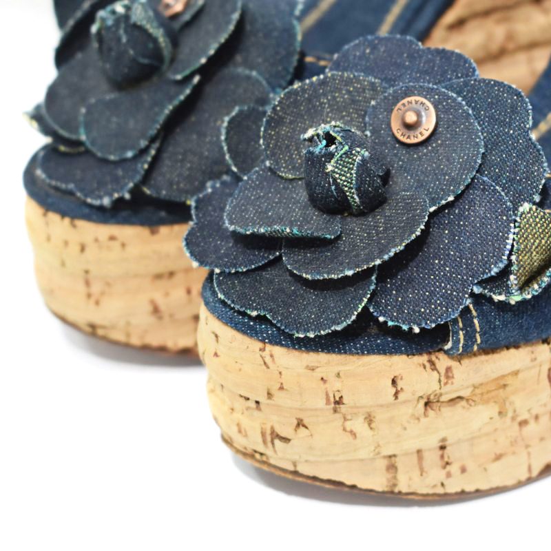 シャネル CHANEL デニム サンダル ウェッジヒール 花 ストラップ