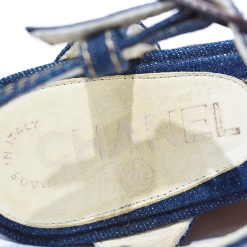 シャネル CHANEL デニム サンダル ウェッジヒール 花 ストラップ